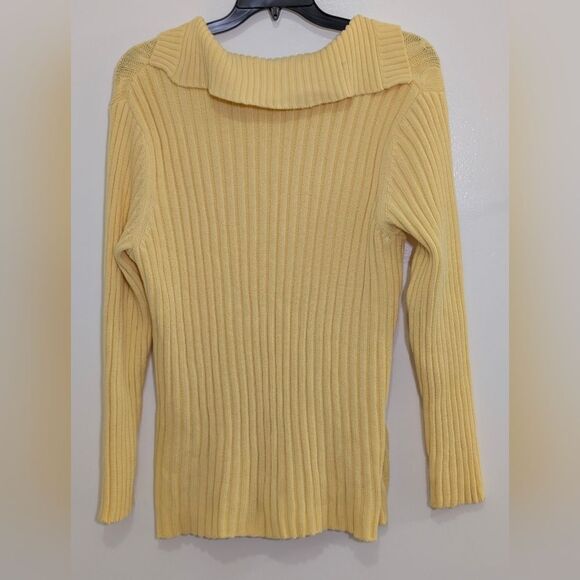 Liz & Co Yellow Cable Knit Sweater 2X 100% Cotton Collared V-Neck Preppy Coastal - Picture 7 of 8